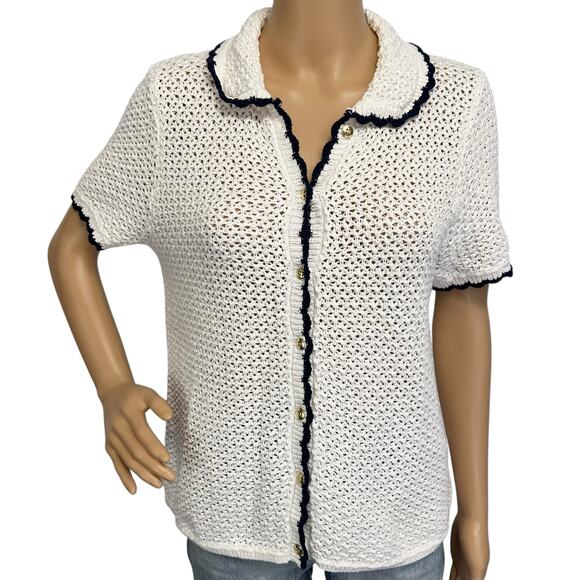 J. Crew Short Sleeve Crochet Cardigan Sweater Ivory Navy CJ215 Size M - Picture 3 of 13